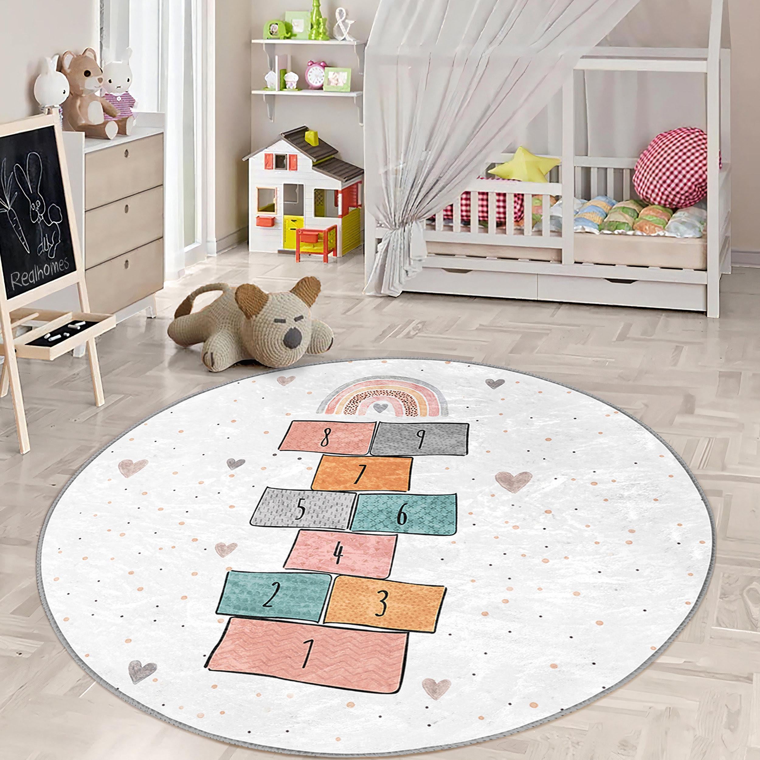 Hopscotch Children Room Round Rug - Beige Boy Circle Carpet - Animal Nursery Oval Rug - Southwestern Playground Washable Circular Playmat