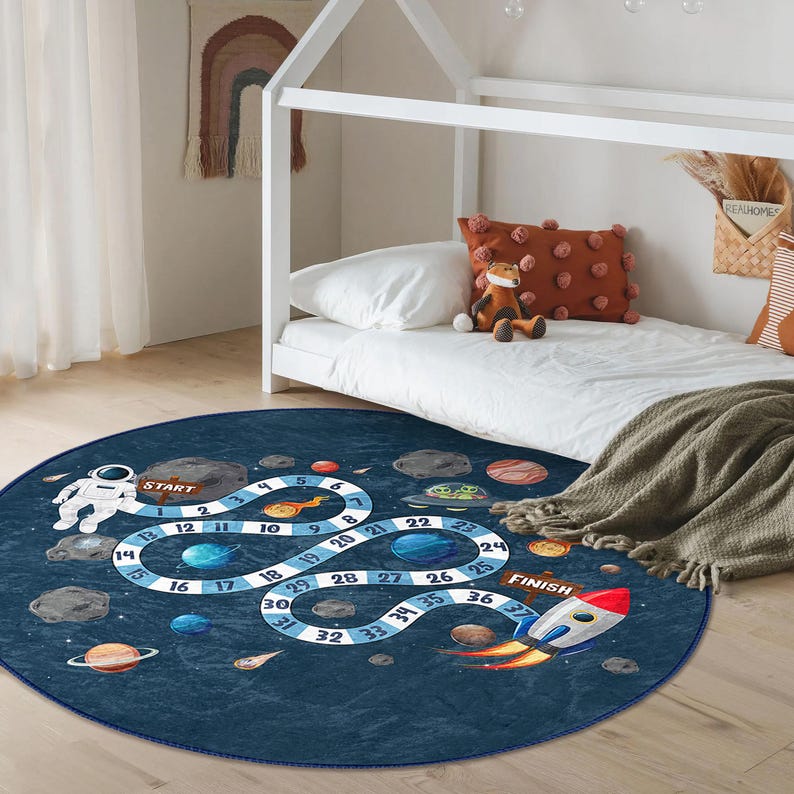 Rocket Carpet - Blue Space Kids Rug - Round Toddler Carpet