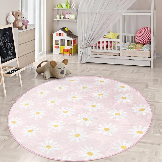 Spring Children Room Round Rug - Pink Daisy Circle Carpet - Floral