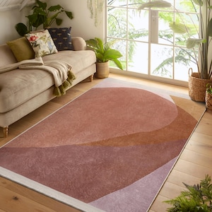 Terracotta Gradient Area Rug - Sunset Anti Slip Rug - Rustic Washable Throw Rug - Warm Tone Glamorous Runner-White Bedroom Mat-Unique Carpet