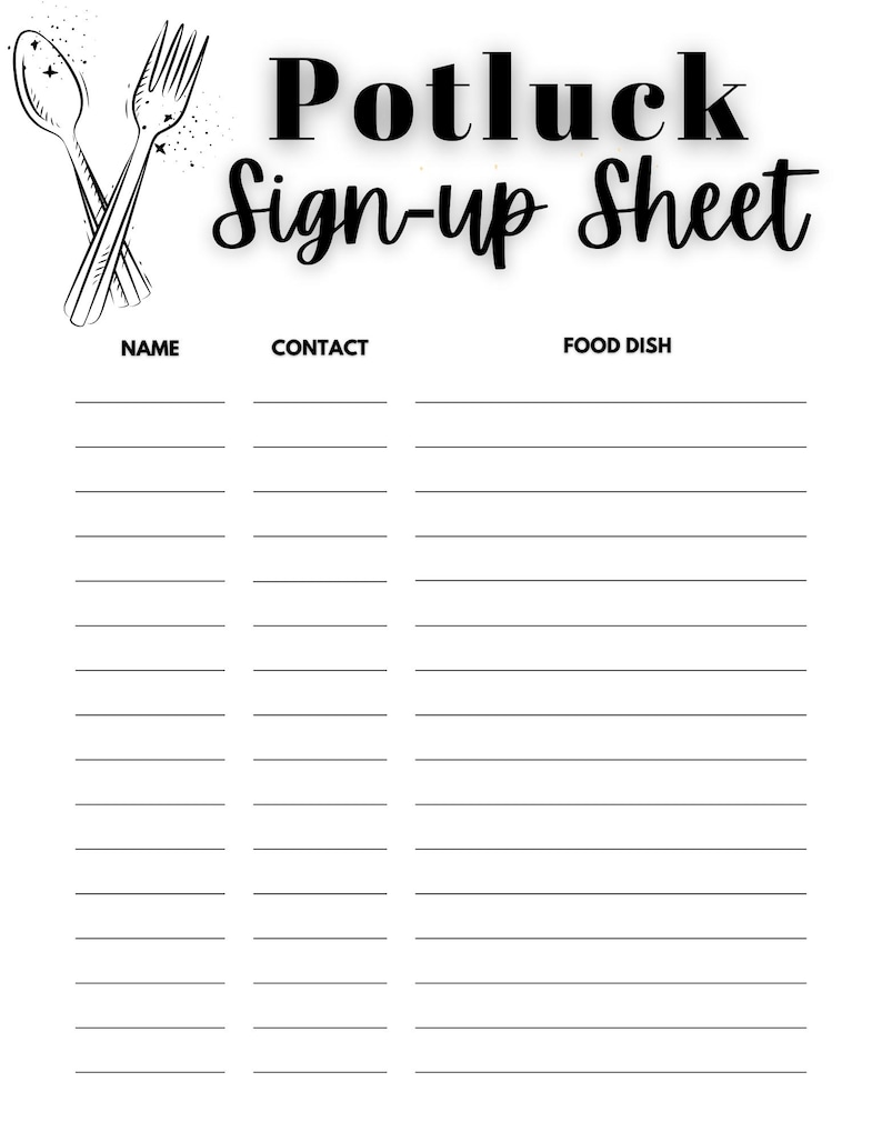 Potluck Sign-up Sheet Printable Instant Download - Etsy