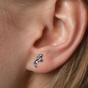 Puede incluir: Un pendiente de botón plateado con forma de caballo encabritado se muestra en una oreja. El caballo tiene detalles, incluyendo una melena y una cola. El pendiente es pequeño y delicado.
