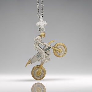 Motocross Jewelry Pendant for Men, 925 Silver Partial Gold Plating, Bold Sports Jewelry Gift for Riders, Racers, and Off-Road Fans Necklace