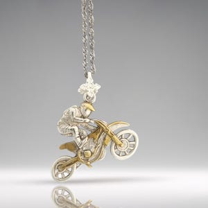Motocross Jewelry Pendant for Men – Silver with Partial Gold Plating 925 Gift Two-Tone Sports Accessory for Riders and Collectors – Necklace