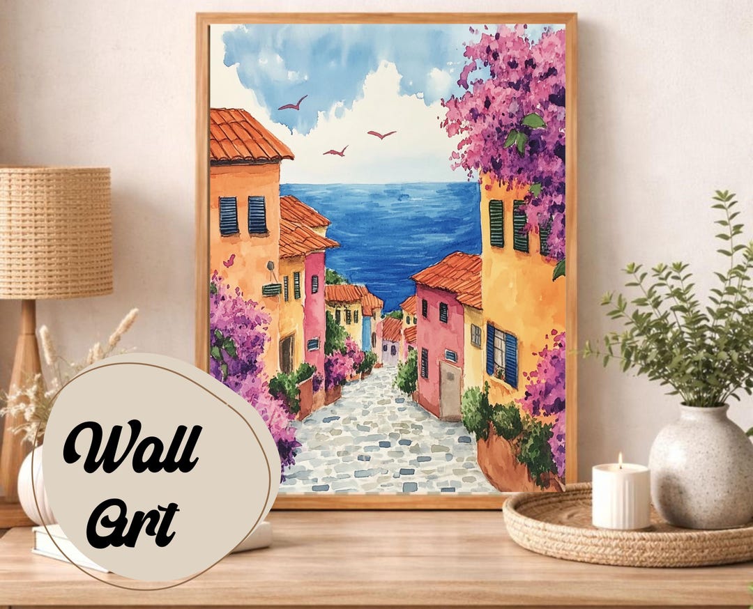 Mediterranean Village Watercolor Wall Art Print, Coastal Seaside Street ...