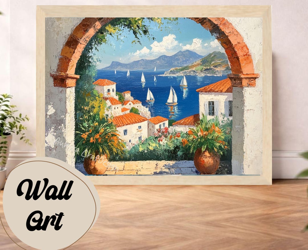 Mediterranean Coastal View Wall Art Print, Seaside Village & Sailboats ...