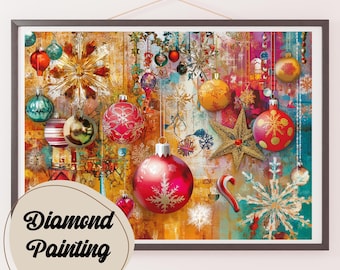 May include: A colorful diamond painting featuring a variety of Christmas ornaments, including red, gold, and blue ornaments. The ornaments are arranged in a festive pattern against a background of snowflakes and stars.