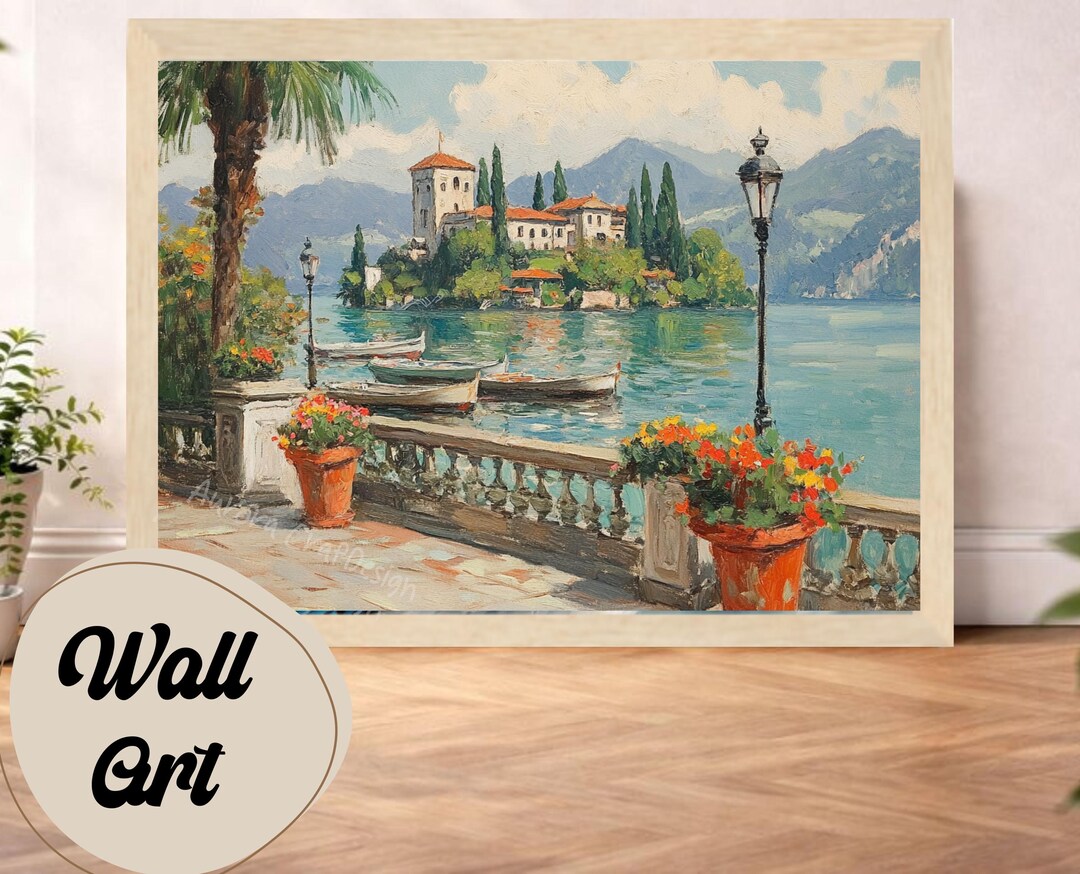 Lake Como Waterfront Village Wall Art Print, Italian Lakeside Landscape ...
