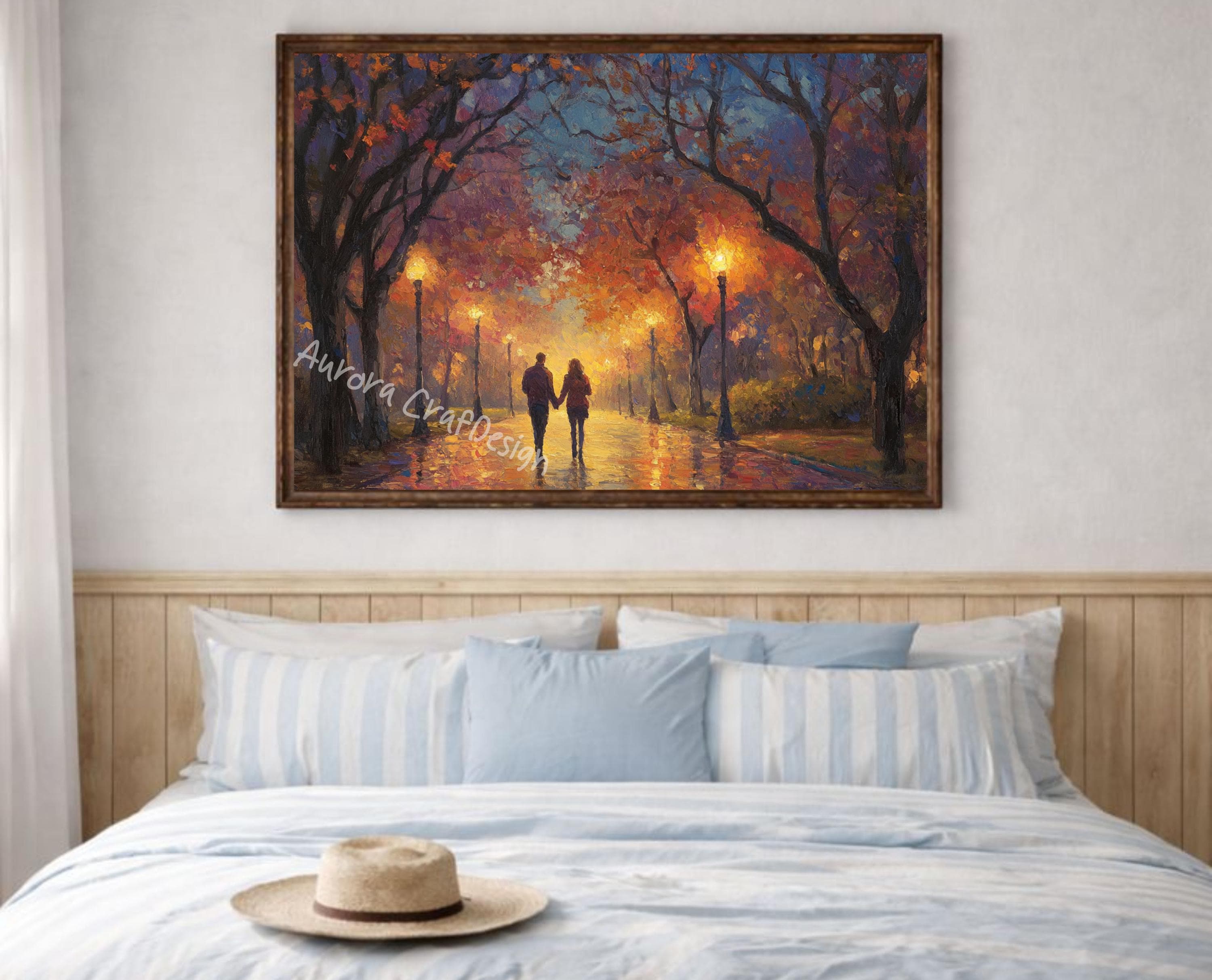 Romantic Couple Wall Art Print, Rainy Night City Painting, Love