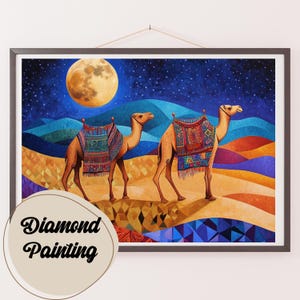 Cammelli del deserto sotto la luna - Kit di pittura a diamante. Decorazione murale fatta in casa