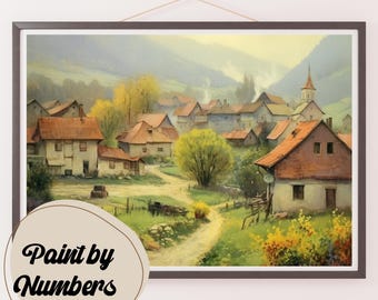 May include: A paint by numbers canvas featuring a picturesque village scene with colorful houses, a church steeple, and a winding road leading through a lush green valley.