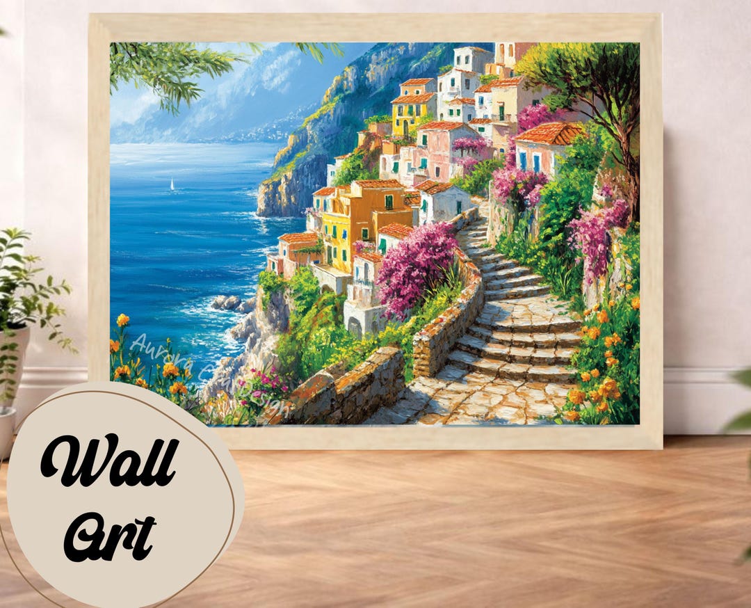 Mediterranean Coastal Village Wall Art Print, Colorful Seaside Cliff ...