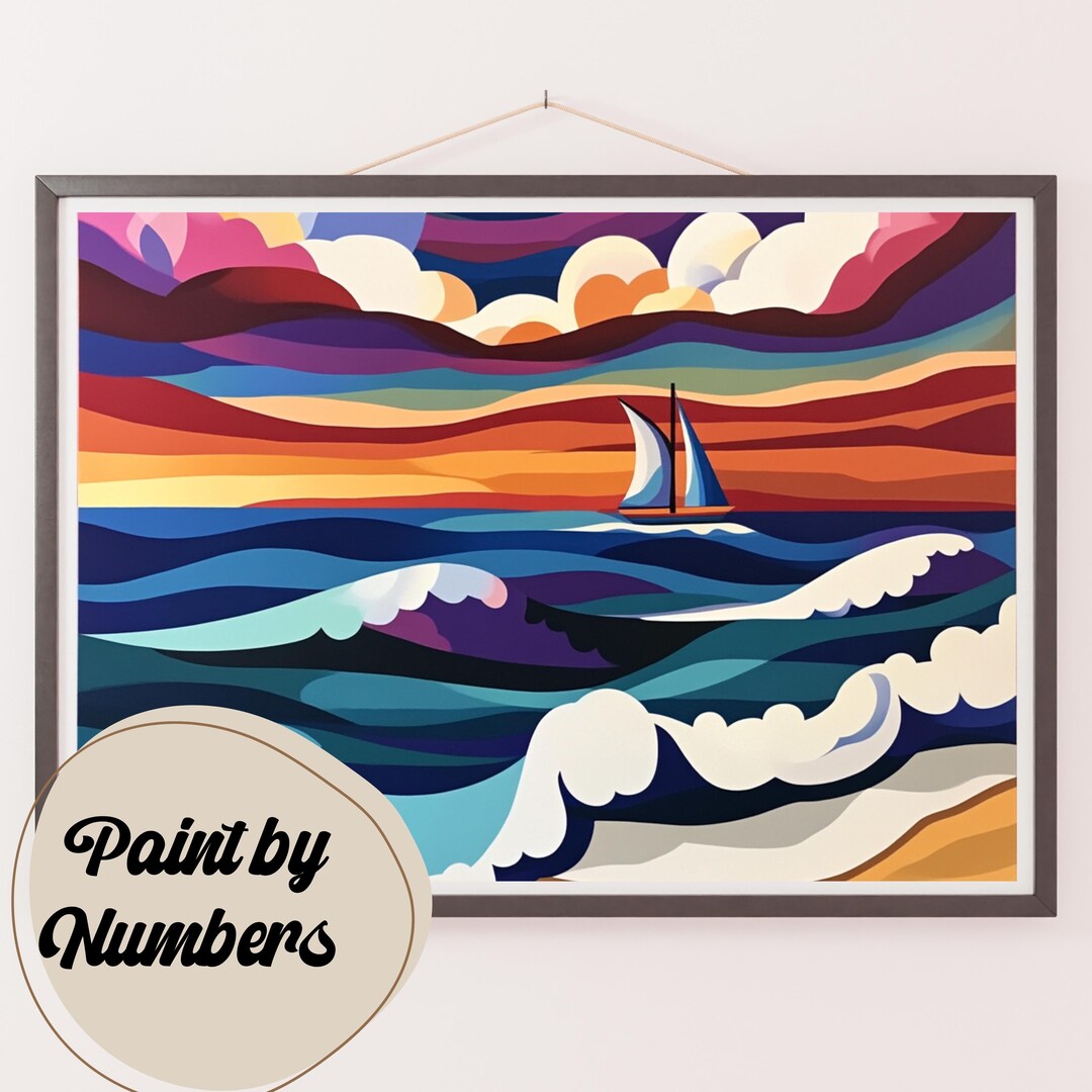 Sailing Sunset Waves Paint by Numbers Kit: Abstract Ocean DIY Painting ...