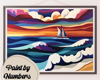Sailing Sunset Waves Paint by Numbers Kit: Abstract Ocean DIY Painting