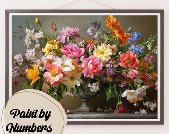 May include: A colorful bouquet of flowers in a white vase with a floral pattern. The flowers include pink, red, yellow, orange, white, and blue blooms. The vase is on a table with a brown surface. The image is labeled "Paint by Numbers".