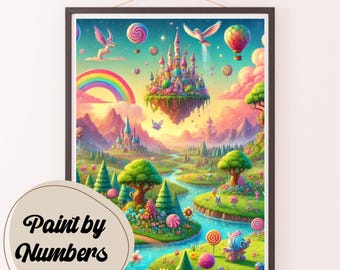 May include: A paint by numbers canvas featuring a whimsical landscape with a floating castle, rainbow, and candy. The castle is surrounded by lush green trees, a winding river, and colorful candy swirls.