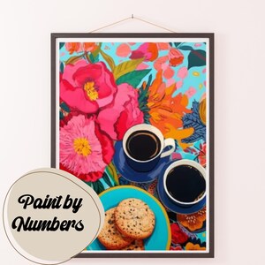 Kit di pittura con i numeri: pausa caffè floreale, pittura fai da te, kit acrilico per adulti, idee regalo, kit fai da te per adulti, decorazioni artistiche da parete fatte a mano