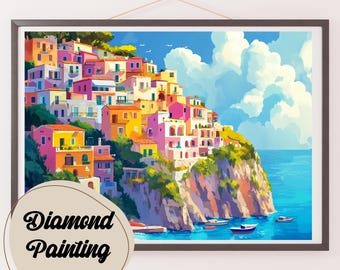 May include: A colorful painting of a seaside town with buildings on a cliff overlooking the ocean. The sky is blue with white clouds. The water is blue and there are boats in the water.