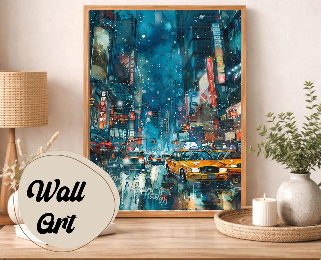 New York Rainy Night Wall Art Print, Urban City Taxi Poster or Canvas ...