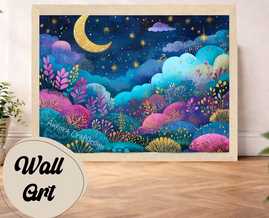 Dreamy Moon Night Wall Art Print, Whimsical Celestial Landscape ...
