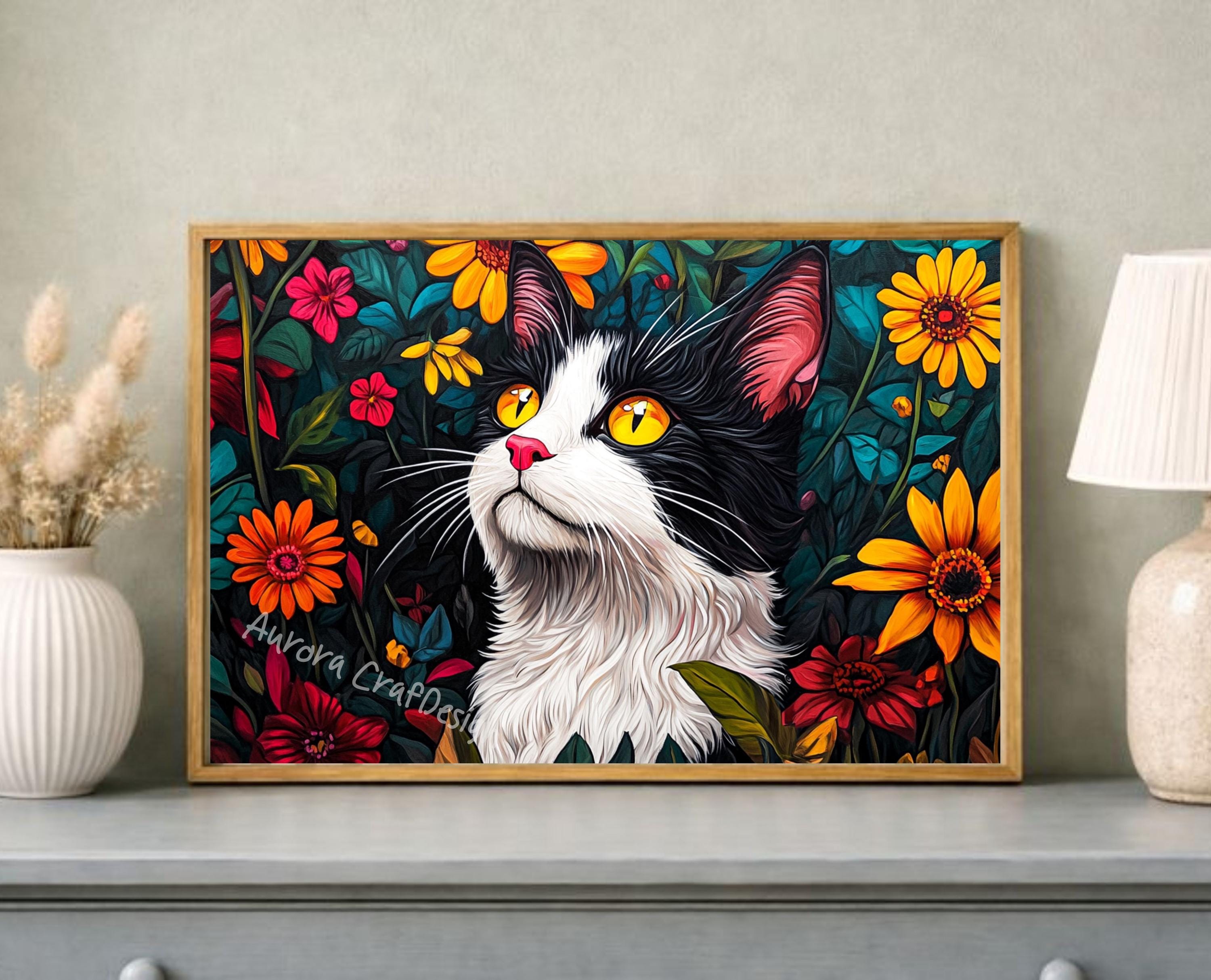 Black and White Cat Wall Art Print, Colorful Floral Cat Illustration ...