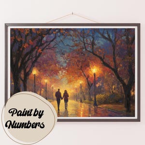 May include: A paint by numbers canvas featuring a couple walking hand-in-hand down a path lined with trees. The trees are in autumn colors, and the path is lit by streetlights. The sky is a soft blue, and the overall mood is romantic and peaceful.