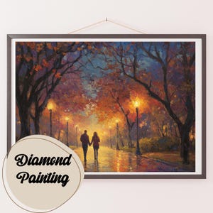 May include: Diamond painting of a couple walking hand-in-hand down a path lined with trees in autumn colors. The path is lit by streetlights and the sky is a soft blue.