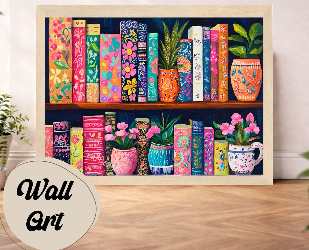 Colorful Floral Bookshelf Wall Art Print, Cozy Book Lover Decor ...