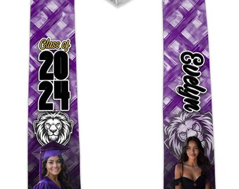 May include: Purple graduation stole with a white and purple checkered pattern. The stole has a lion head graphic, a photo of a graduate, and the text "Class of 2024" and "Evelyn".