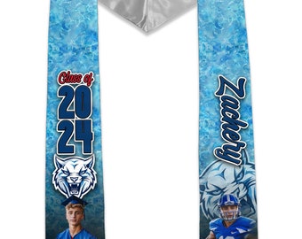 May include: A blue and silver graduation stole with a blue and white water pattern. The stole has a photo of a graduate in a cap and gown on one side and a photo of a graduate in a football uniform on the other side. The stole also has the text "Class of 2024" and "Zachary" on it.