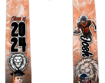 May include: Orange and black graduation stole with a lion head logo, a photo of a graduate, and the text "Class of 2024". The stole also features a photo of a football player with the name "Josh" written below.