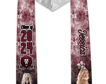 May include: A maroon and white graduation stole with a lion mascot, the text "Class of 2024" and the name "Jessica".