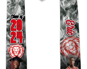 May include: A black and silver graduation stole with a red lion head and the text "Class of 2024" on one side and the text "Eric" on the other side. The stole features a black and white swirl pattern.