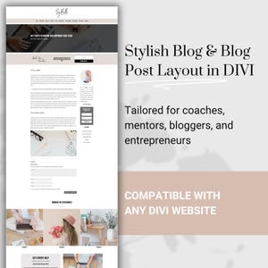 May include: A website screenshot showing a blog post layout in Divi. The post features a title, author photo, and text. The website also includes a call to action button and a section with images. The text on the website reads "Key Traits to Inspire and Empower Your Team" and "Get Expert Help".