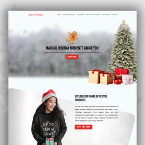 Könnte beinhalten: Eine Website-Startseite für einen Weihnachtsladen mit festlichem Thema. Das Bild zeigt einen Lebkuchenmann, einen Weihnachtsbaum und ein Mädchen, das eine Geschenkbox hält. Der Text auf der Seite lautet "Magische Weihnachtsmomente erwarten Sie!" und "Entdecken Sie unser Sortiment an festlichen Produkten".