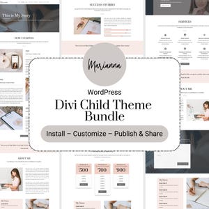 Peut inclure: Une maquette de site Web pour un bundle de thème enfant Divi WordPress. Le site Web présente un schéma de couleurs rose clair et blanc avec un design minimaliste. Le texte "Marianna" est affiché dans une grande taille de police. Le site Web comprend des sections pour "Success Stories", "Services", "About Me" et "My Vision". Le site Web comprend également un tableau de prix avec trois forfaits différents : 500 €, 700 € et 900 €.