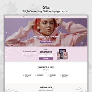 Può includere: Un layout per la home page di un sito web intitolato Réka High-Converting Divi Homepage Layout con uno schema di colori rosa, una sezione hero con una persona in felpa rosa, il testo Create the life you truly want e un modulo di iscrizione.