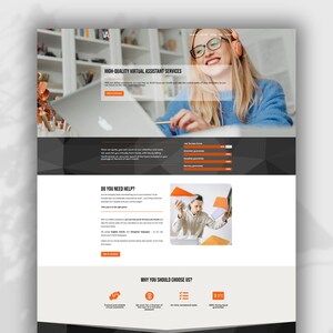 Puede incluir: Una página de inicio de sitio web para un servicio de asistente virtual. El sitio web presenta una foto de una mujer con auriculares y sonriendo mientras trabaja en una computadora portátil. El texto en el sitio web dice "Servicios de asistente virtual de alta calidad" y "¿Necesitas ayuda?" El sitio web también incluye una sección titulada "¿Por qué deberías elegirnos?" con íconos que representan los beneficios de usar el servicio.
