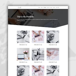 Może przedstawiać: Strona główna witryny internetowej z tytułem "This is My Portfolio" i siatką sześciu obrazów prezentujących różne projekty. Obrazy są w czerni i bieli i przedstawiają różne przedmioty, w tym laptopa, notes, różę i zegarek.