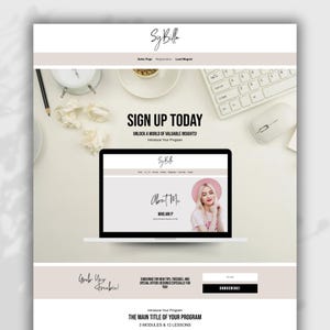 May include: A website landing page with a sign up form for a program called "Sy Billa". The page features a photo of a woman with a pink hat and the text "Sign Up Today" and "Unlock a World of Valuable Insights!" The page also includes the text "About Me" and "Who Am I?"