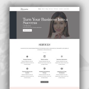 May include: A website homepage for a business consultant called Marianna. The website features a photo of Marianna and a list of services offered, including strategic planning, market analysis, operations optimisation, financial planning and analysis, branding and marketing strategy, and leadership and team development.