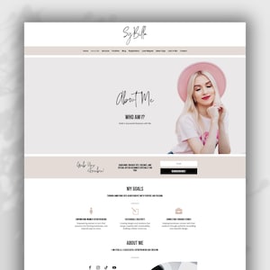 May include: A website homepage with a pink background and a woman wearing a pink hat and white shirt. The text "About Me" is in a large font at the top of the page. The text "Who Am I?" is below the "About Me" text. The text "My Goals" is below the "Who Am I?" text. The text "About Me" is below the "My Goals" text. The text "Subscribe!" is in a button at the bottom of the page.