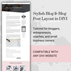 May include: A website screenshot showing a blog post layout in Divi. The text on the page reads "Streamline Your Operations" and "Browse by Categories". The page is designed in a minimalist style with a pink and white color scheme.