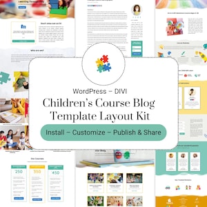 以下が含まれることがあります： WordPress-DIVIデザインの子供向けコースブログのウェブサイトテンプレートレイアウトキット。コースモジュール、インストラクタープロフィール、価格オプションなど、画像とテキストを含むさまざまなセクションが含まれています。キットは、インストール、カスタマイズ、公開、共有するように設計されています。