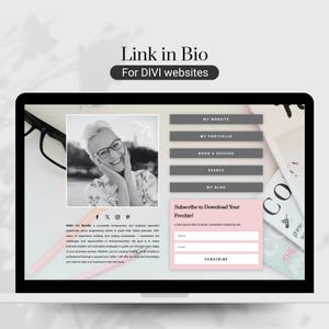 May include: A laptop screen displaying a website with a black and white photo of a woman smiling, a link in bio section with buttons for website, portfolio, book a session, events, and blog, and a subscribe to download your freebie section with a form to enter name and email.