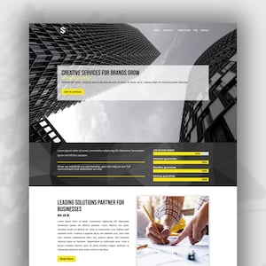 Puede incluir: Maqueta de diseño web con una estética moderna y minimalista. El encabezado dice "CREATIVE SERVICES FOR BRANDS GROW". El diseño incorpora una combinación de colores en escala de grises con texto y elementos gráficos. El diseño incluye secciones de contenido y una llamada a la acción.