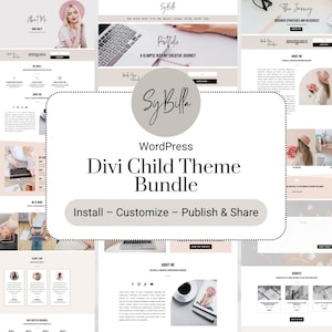 Puede incluir: Una plantilla de diseño de sitio web para WordPress que utiliza el tema Divi. La plantilla presenta un esquema de color rosa claro y gris con un diseño moderno y minimalista. El texto en el sitio web dice "Sy Billa", "Portafolio", "Una mirada a mi viaje creativo", "WordPress", "Paquete de tema hijo de Divi", "Instalar - Personalizar - Publicar y compartir", y "Acerca de mí".