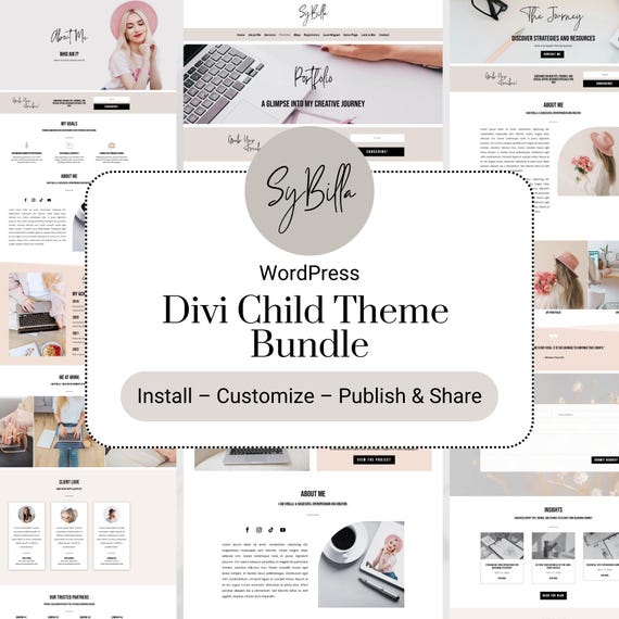 WordPress Sybilla Divi Child Theme Bundle Blogger Canva Template E-Commerce Web Design Installation Coaches VA Entrepreneur Small Business
