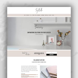 May include: A website homepage for a business called "Sy Billk" offering services to help businesses grow. The website features a light pink and white color scheme with a photo of a child in a pink hat and a clock on a white shelf. The text "Services" is written in a cursive font and the text "EMPOWERING SOLUTIONS FOR YOUR SUCCESS" is written in a bold font. The text "Grab Your Sparkle!" is written in a cursive font. The text "SUBSCRIBE FOR NEW TIPS, TRICKS, AND SPECIAL OFFERS DELIVERED SPECIALLY FOR YOU" is written in a black font. The text "COLLABORATE WITH ME" is written in a bold font. The text "COLLABORATE WITH ME FOR IMPACTFUL BRANDING STRATEGIES" is written in a black font. The text "POSITIVE INFLUENCE" is written in a black font. The text "SALES PROMOTION AND ADVERTISING" is written in a black font. The text "WEBSITE AND SOCIAL MEDIA CONTENT" is written in a black font.