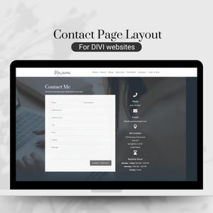 May include: A laptop screen displaying a contact page layout for a website. The page includes fields for name, email, address, and a submit button. The text "Contact Page Layout For DIVI websites" is at the top.